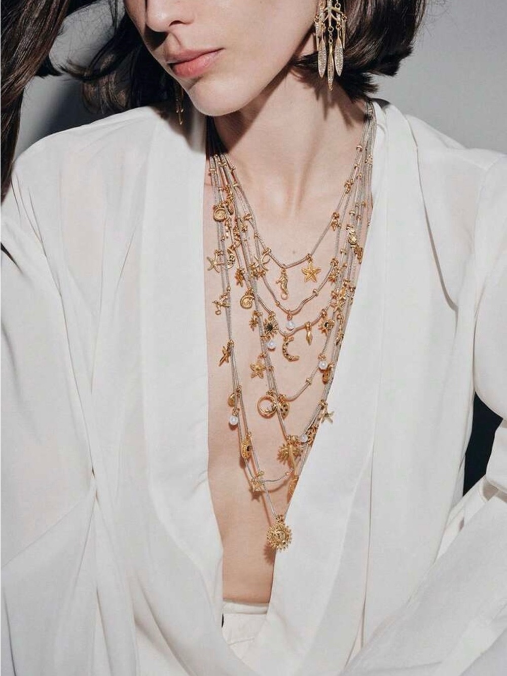 Gold Sun Moon Starfish Layered Necklace Coastal Beach Jewelry